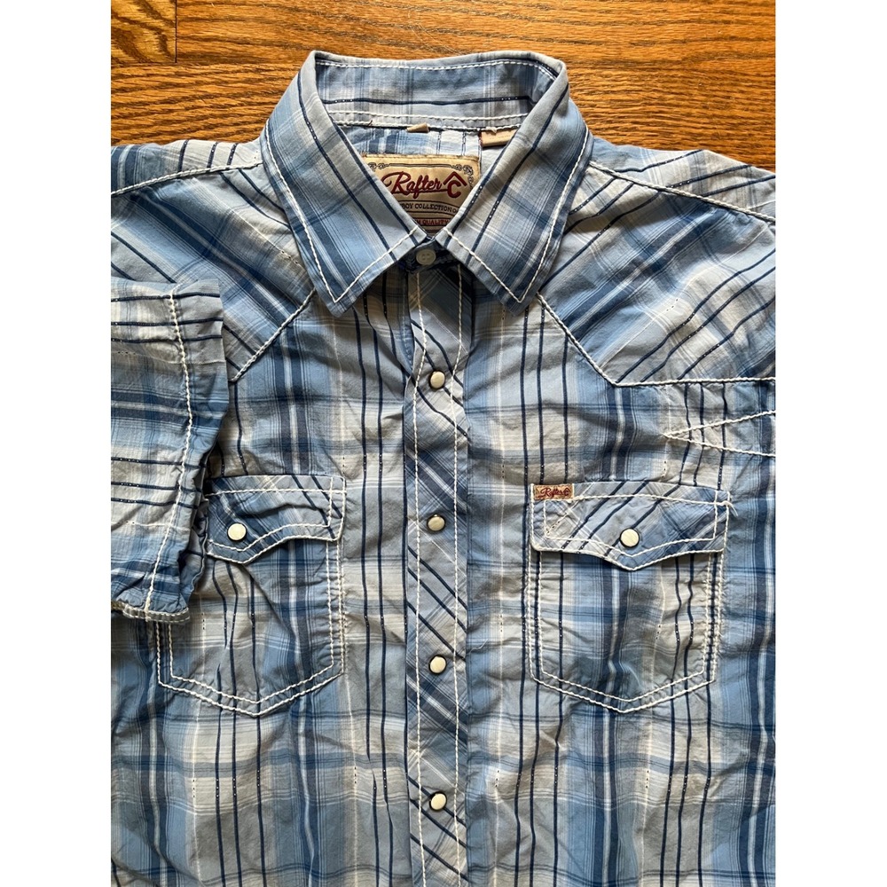 Rafter C Cowboy Collection Mens XL Blue Plaid Pearl Snap Western Shirt